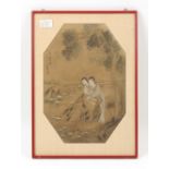 A 19th century Chinese painting on silk depicting two ladies standing by rocks in a landscape,
