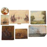 Property of a lady - a group of seven unframed 19th and early 20th century paintings, mostly oil