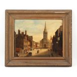 Property of a lady - late 19th century naive school - A STREET SCENE WITH CHURCH AND FIGURES - oil