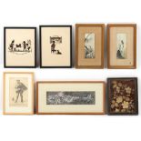 Property of a deceased estate - a group of seven assorted small pictures including a pair of cut-out