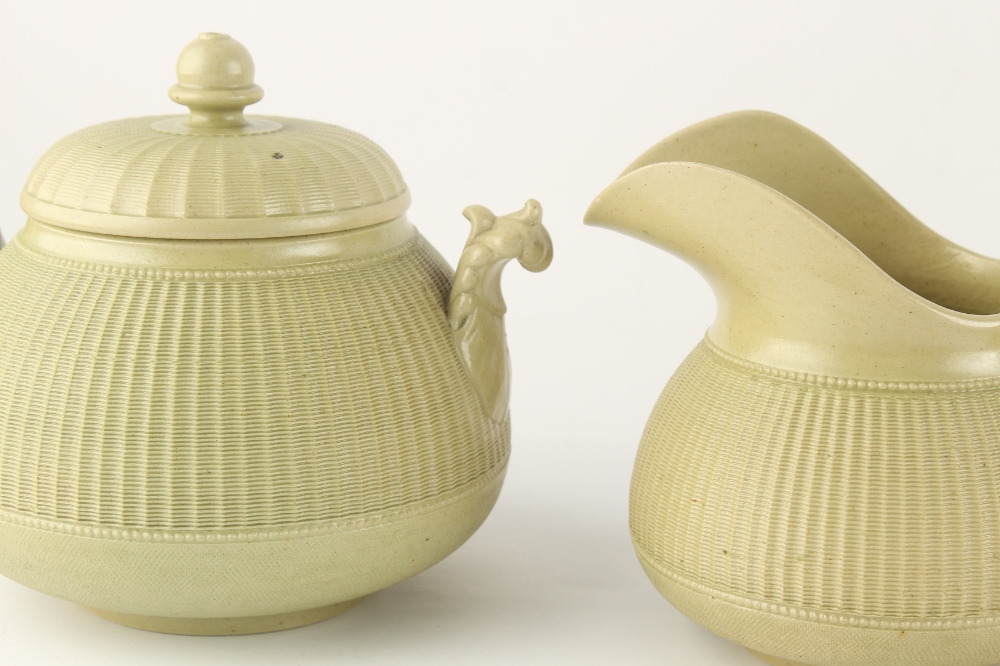Property of a lady - a Hackwood olive green stoneware four piece tea set with finely moulded cane - Image 3 of 3