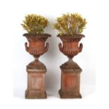 Property of a gentleman - a pair of well weathered terracotta garden urns on separate plinths,