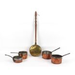 Property of a gentleman - four 19th century copper sauce pans; together with a 19th century brass