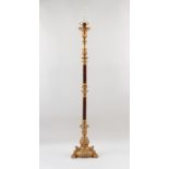 Property of a gentleman - a gilt painted & brown plush standard lamp with frosted glass flambeau