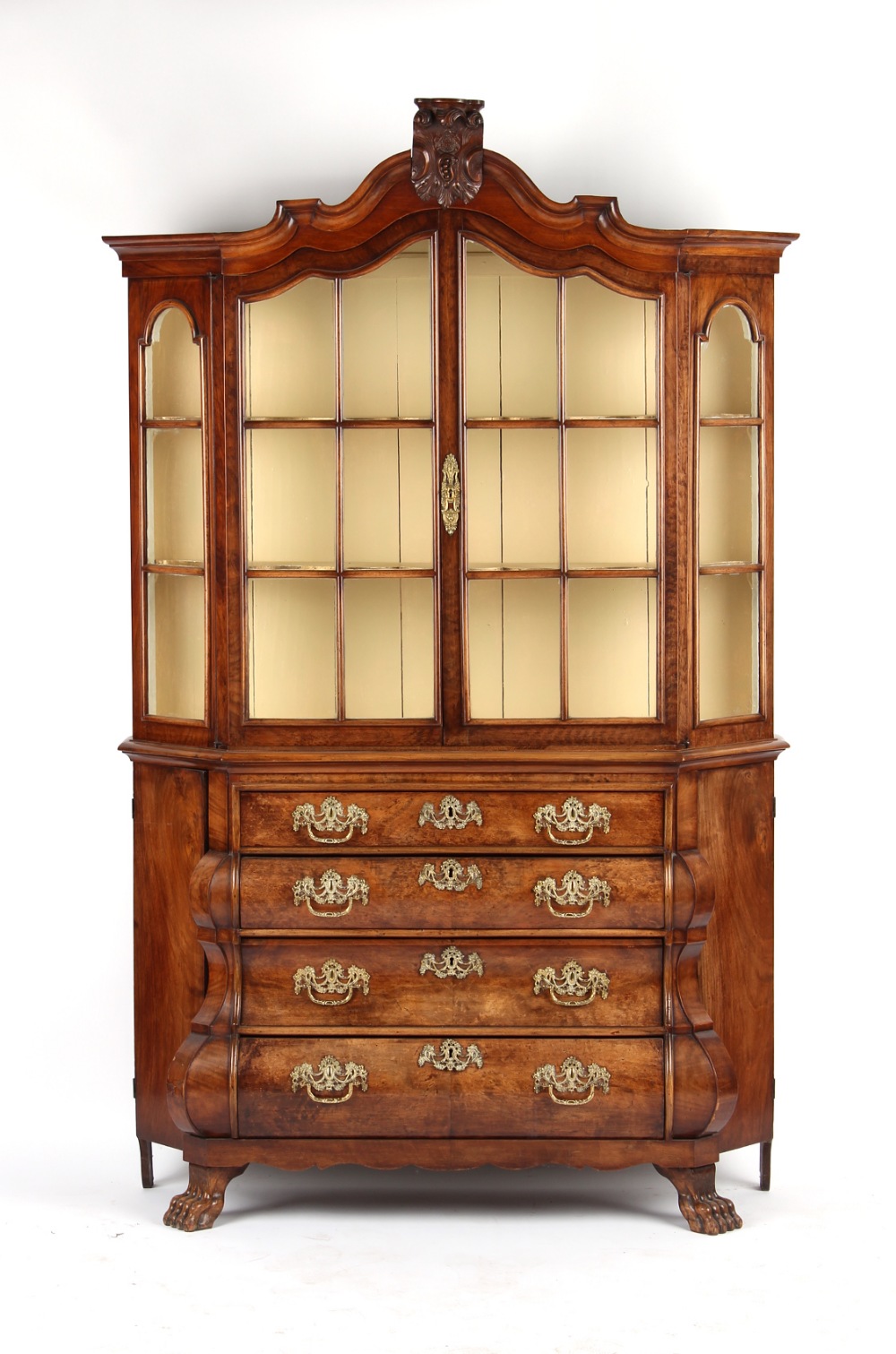 Property of a lady - a 19th century Dutch walnut display cabinet, of bombe form, the base with a
