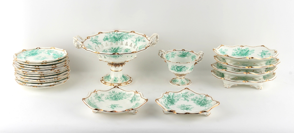 A Victorian Davenport green floral decorated porcelain twenty piece dessert service for twelve place