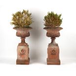 Property of a gentleman - a pair of well weathered terracotta garden urns on separate plinths,