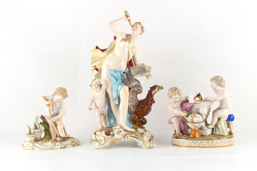 Three 19th century Meissen porcelain figures including a figure of Venus holding a telescope,