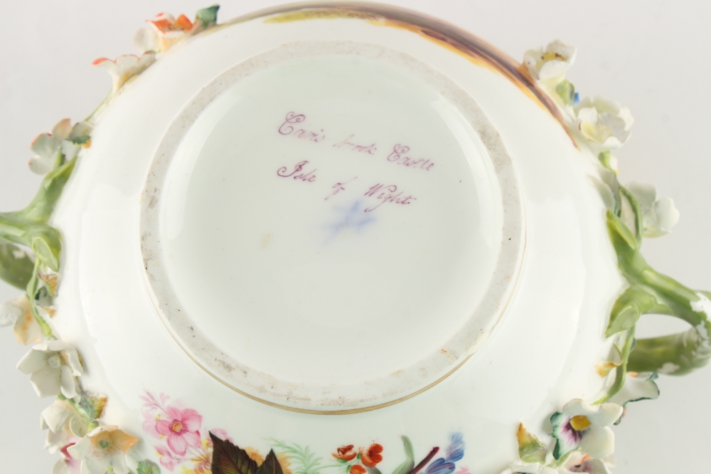A large mid 19th century Minton floral encrusted porcelain covered sugar basin, painted with a - Image 3 of 3