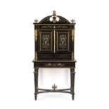 A French Napoleon III ormolu mounted ebonised bonheur du jour with brass ivory & mother-of-pearl