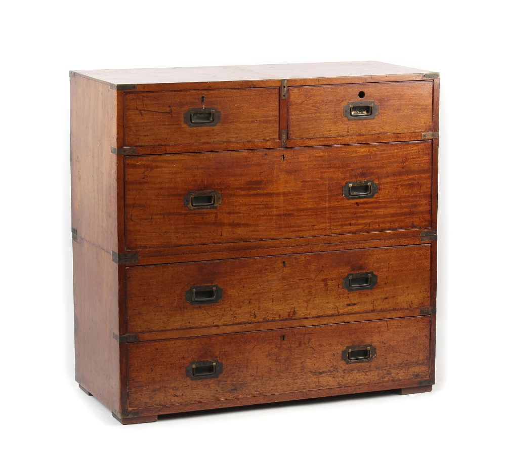 Property of a lady - a 19th century mahogany & brass bound two part military campaign chest of