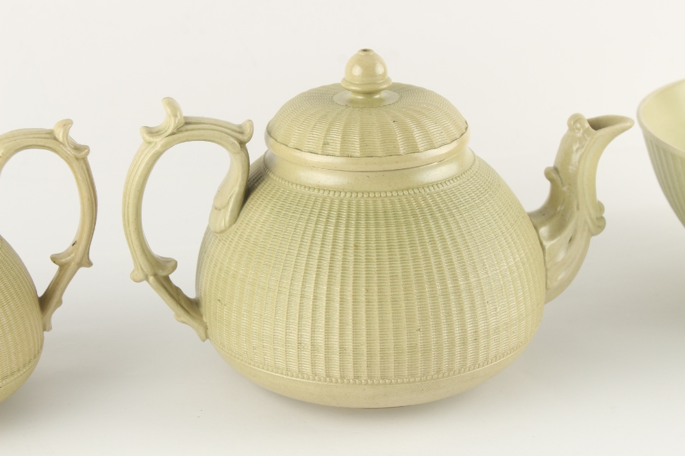 Property of a lady - a Hackwood olive green stoneware four piece tea set with finely moulded cane - Image 2 of 3