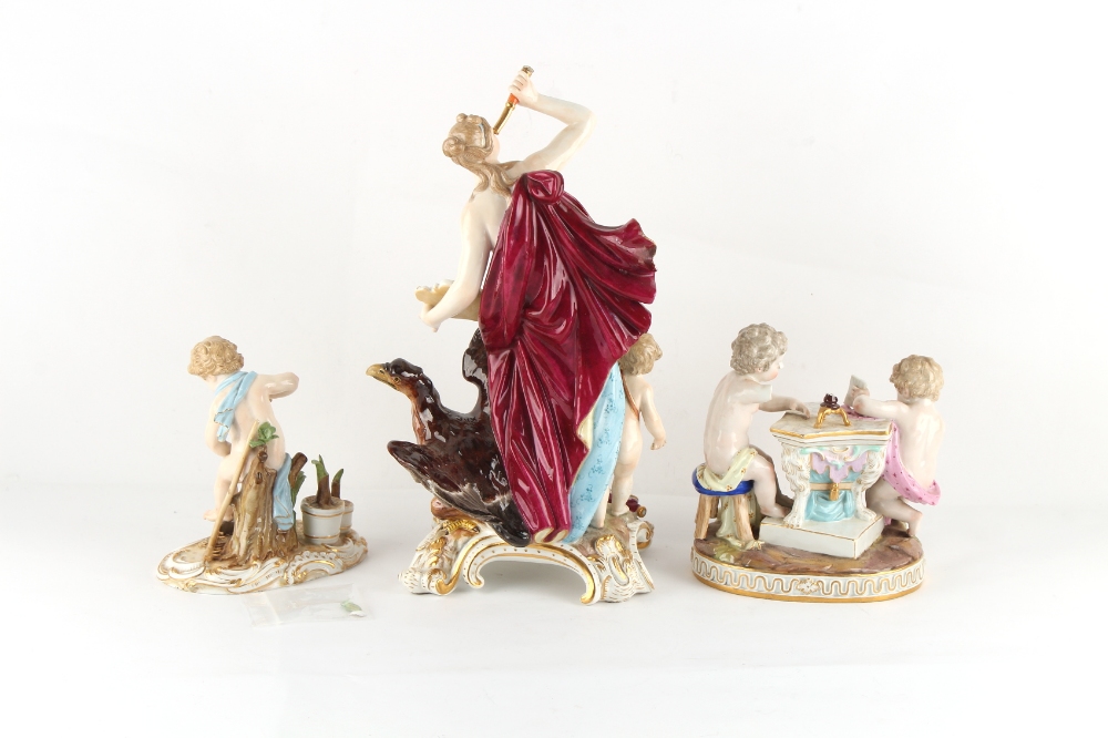 Three 19th century Meissen porcelain figures including a figure of Venus holding a telescope, - Image 2 of 3