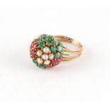 Property of a lady - a Turkish unmarked yellow gold ruby emerald turquoise & pearl cluster ring,