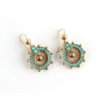 A pair of late Victorian unmarked yellow gold turquoise Etruscan Revival earrings, for pierced ears,