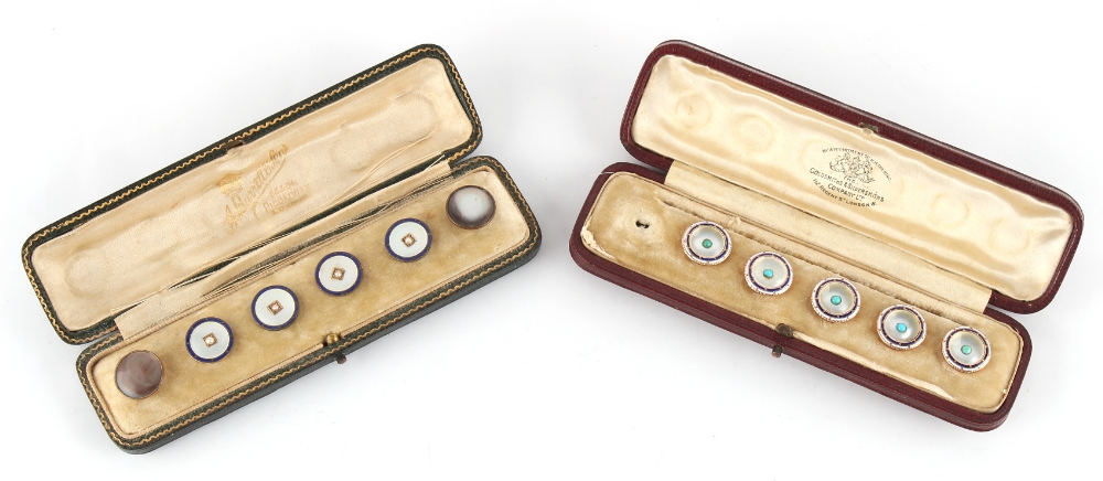 Property of a gentleman - a set of five (of six) 9ct gold backed mother-of-pearl enamel &