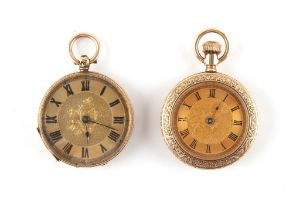 The Henry & Tricia Byrom Collection - two unmarked gold (both tested) cased fob watches, 37 and 36mm