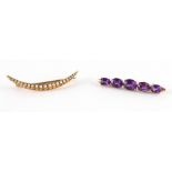Property of a lady - a yellow gold amethyst five stone brooch, the oval cut amethysts of intense