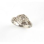 Property of a gentleman - an Art Deco style 18ct white gold ring, the hexagonal setting set with a