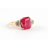 Property of a gentleman - an Austrian Art Deco 14ct yellow gold synthetic ruby & diamond ring,
