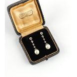 A large pair of certificated natural saltwater pearl & diamond drop earrings, the two natural