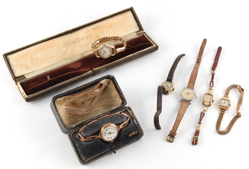 Property of a gentleman - five lady's gold watches and another, comprising a Longines 9ct gold cased