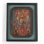 A late 19th / early 20th century Mexican folk art painting on tin tray depicting the Virgin Mary &