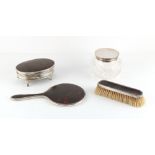 Property of a lady - a silver & tortoiseshell three piece dressing table set including an oval