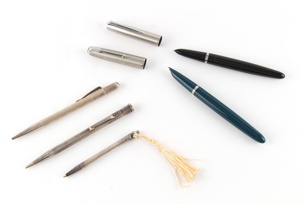 Property of a gentleman - two Parker fountain pens; together with three silver propelling pencils (