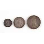 Property of a lady - three 1887 Queen Victoria silver coins, comprising a crown, a half crown, and a