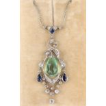A very attractive Belle Epoque style faceted emerald sapphire & diamond pendant necklace, the pale
