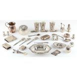 Property of a gentleman - a box containing assorted small silver items including a novelty mustard