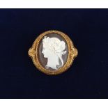 A 19th century carved shell cameo brooch depicting a classical female head, 58 by 53mm (overall).