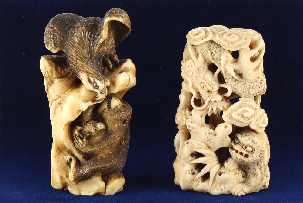 Property of a lady - two late 19th century Japanese carved bone okimono, one depicting a monkey - Image 2 of 4