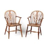 Property of a deceased estate - two 19th century fruitwood & ash wheel-back Windsor elbow chairs (
