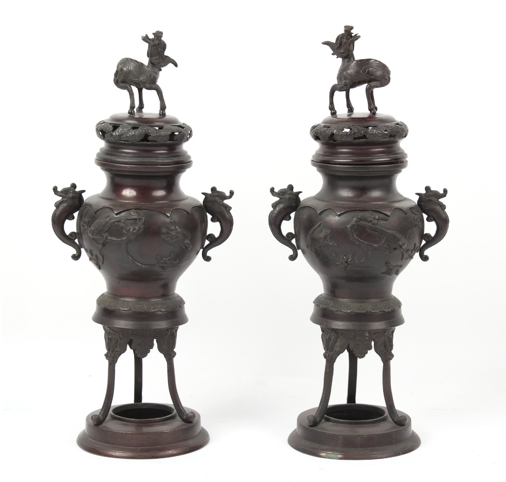 Property of a gentleman - a large pair of Japanese bronze incense burners, koro's, late 19th / early - Image 2 of 2
