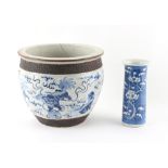 Property of a gentleman - a Chinese blue & white crackle glazed planter painted with seven lion