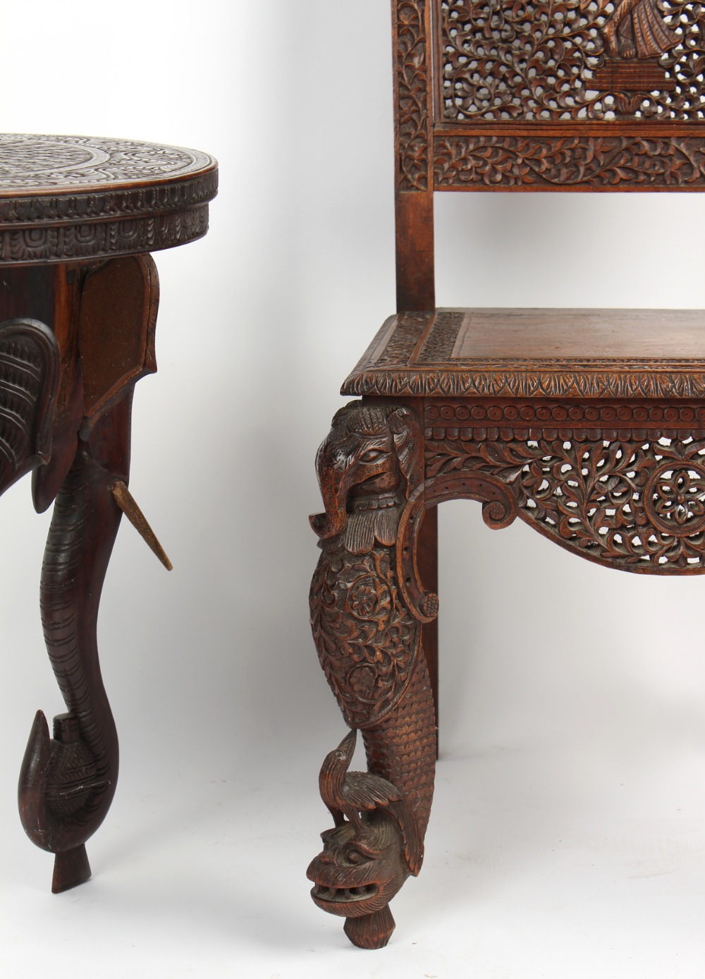 Property of a gentleman - a pair of early 20th century Indian ornately carved teak high-back - Image 2 of 4