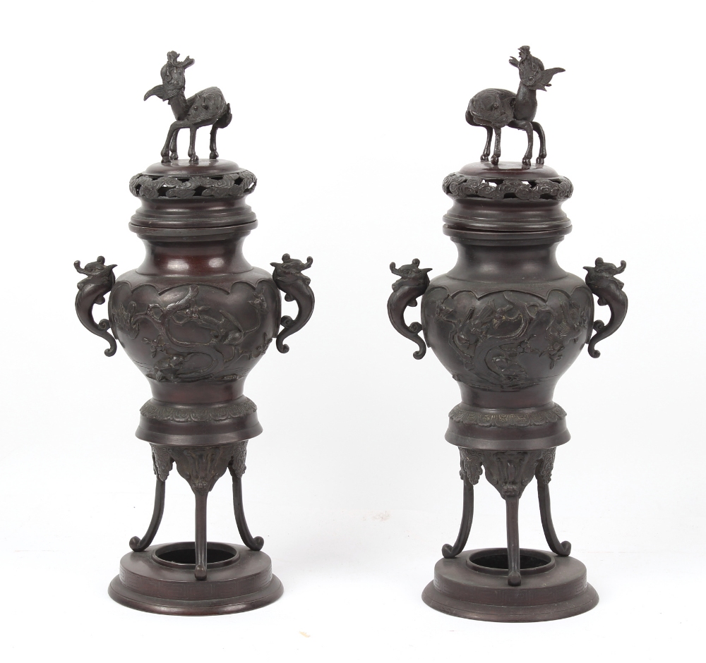 Property of a gentleman - a large pair of Japanese bronze incense burners, koro's, late 19th / early