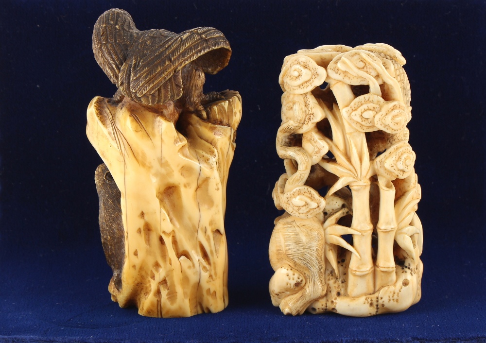 Property of a lady - two late 19th century Japanese carved bone okimono, one depicting a monkey - Image 3 of 4