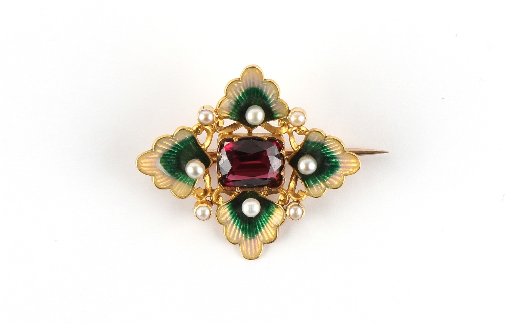 An unmarked yellow gold (tests high carat) garnet seed pearl & enamel brooch, late 19th / early 20th