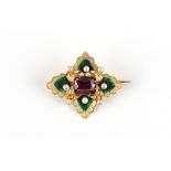 An unmarked yellow gold (tests high carat) garnet seed pearl & enamel brooch, late 19th / early 20th