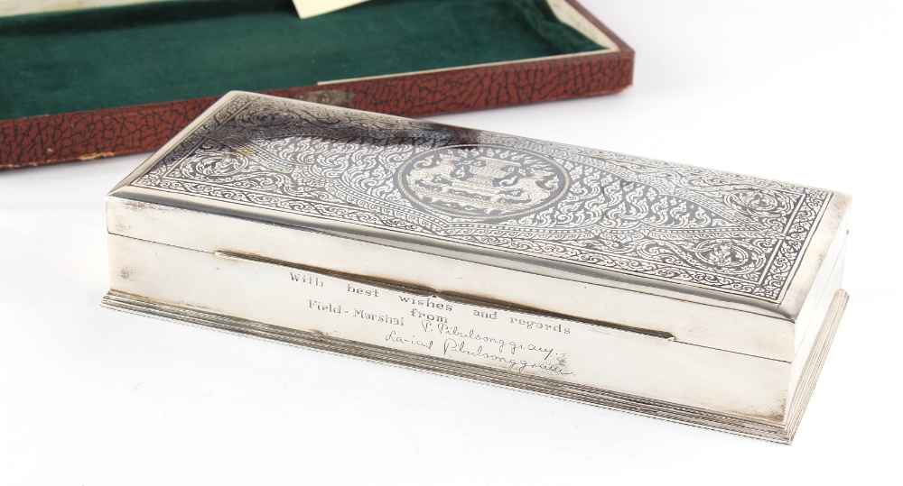 Property of a lady - a Thai sterling silver & niello decorated cigarette box, with engraved - Image 3 of 3