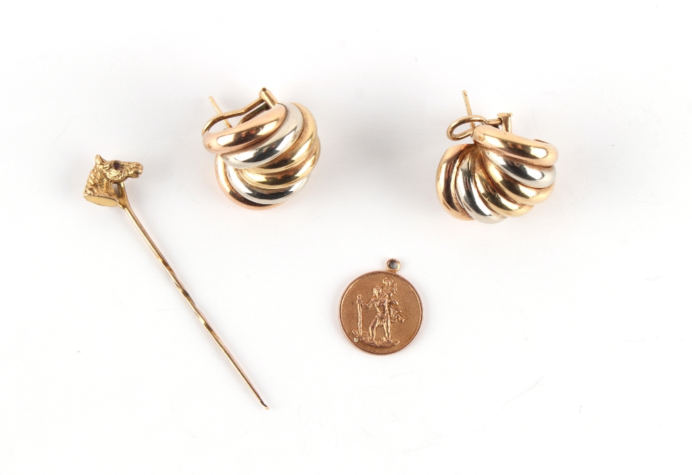 Property of a deceased estate - a pair of three colour 9ct gold earrings; together with a 9ct gold