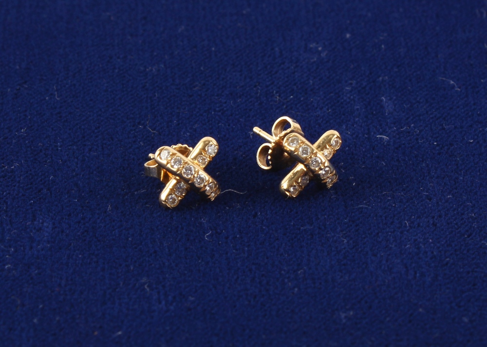 Tiffany & Co. - a pair of 18ct yellow gold diamond earrings, of cross form, with post & butterfly - Image 2 of 2