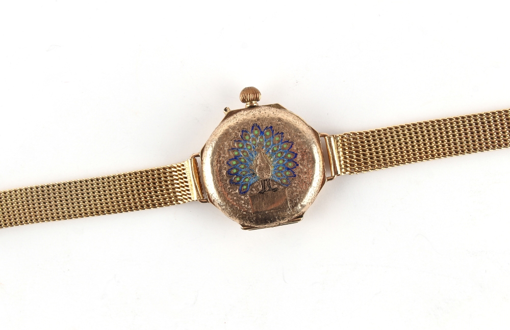 Property of a lady - an early 20th century lady's 9ct gold cased wristwatch with enamel peacock - Image 2 of 2