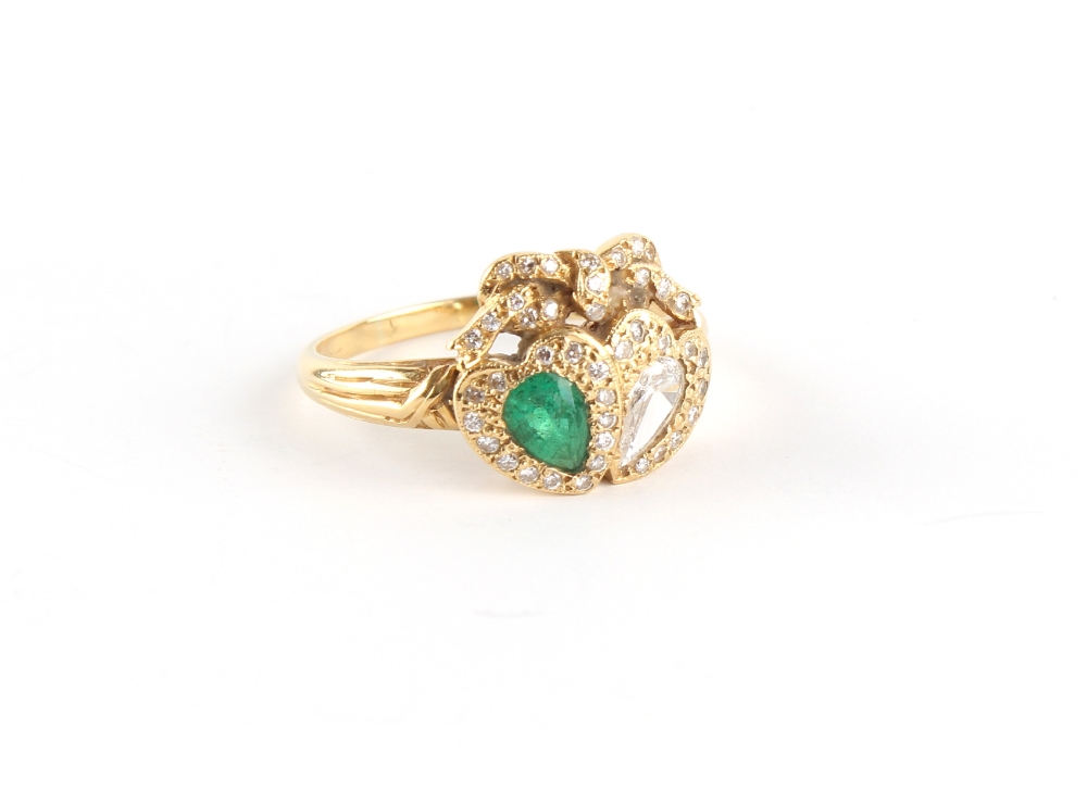 Property of a deceased estate - an 18ct yellow gold emerald & diamond twin heart ring, with a cut - Image 3 of 3