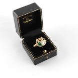 Property of a deceased estate - an 18ct yellow gold emerald & diamond twin heart ring, with a cut