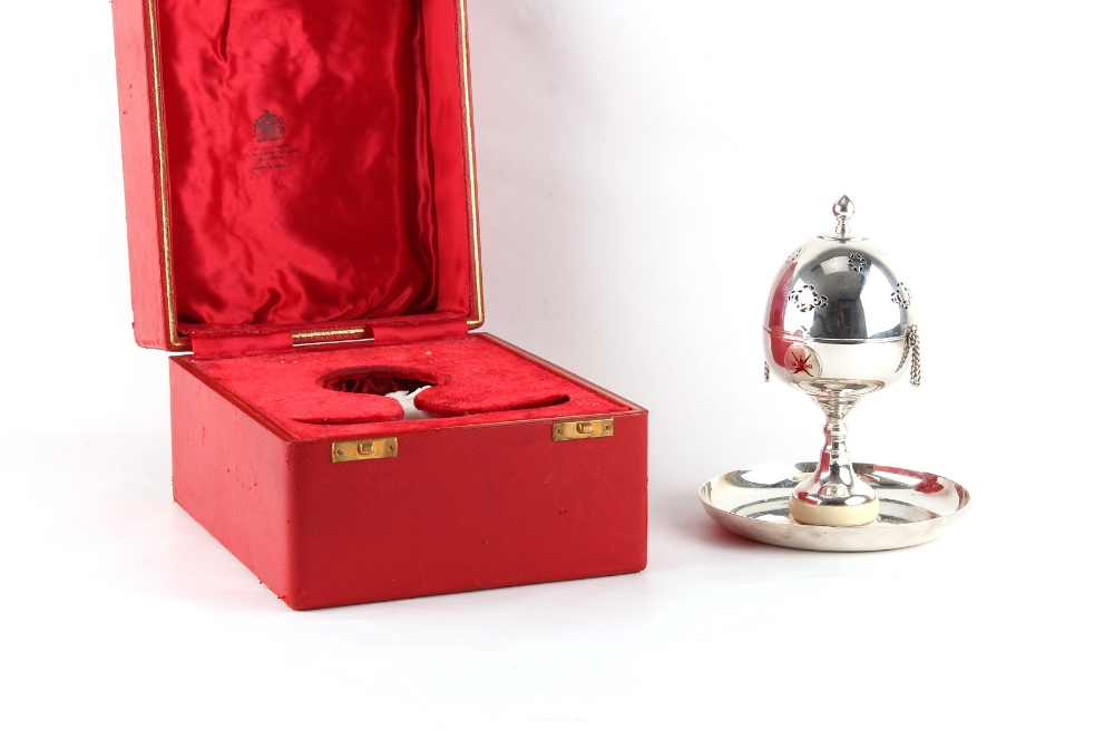 Property of a lady - a Mappin & Webb silver incense burner with enamel roundel & copper liner,