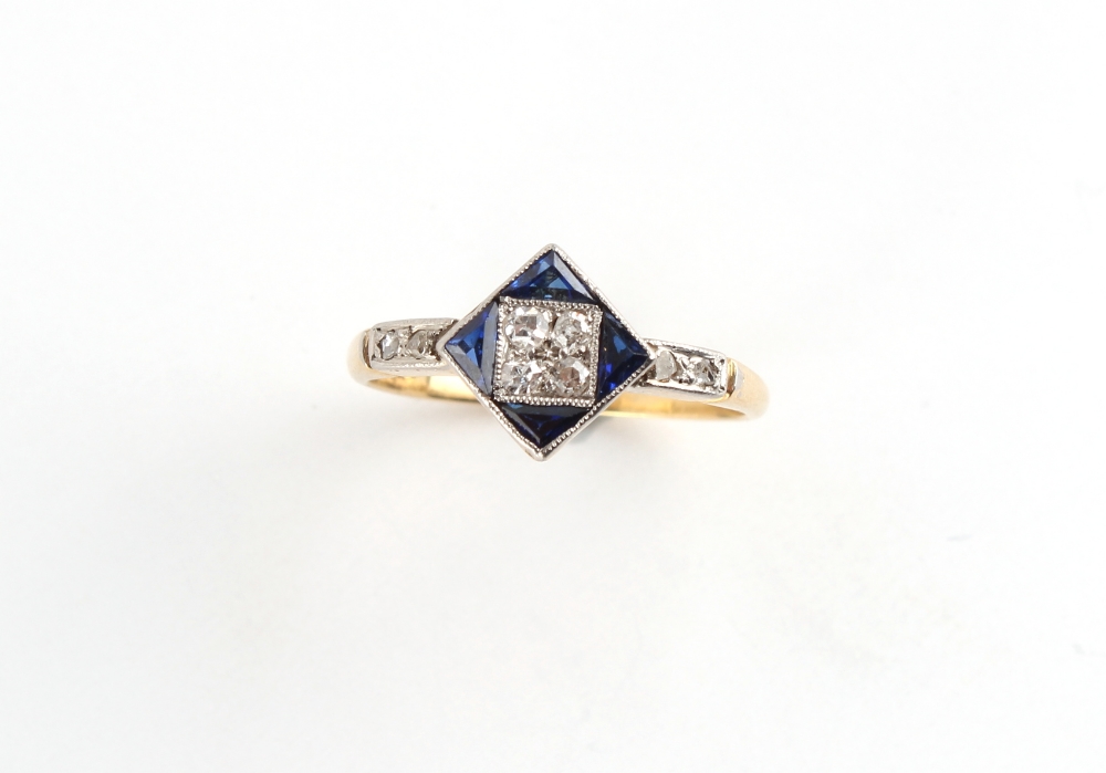 An Art Deco yellow unmarked gold sapphire & diamond ring, the diamond shaped millegrain setting with - Image 2 of 2